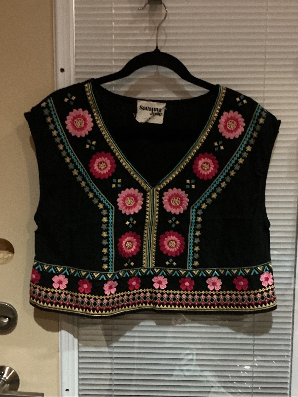 Savanna Jane Black Embroidered Floral Cropped Top